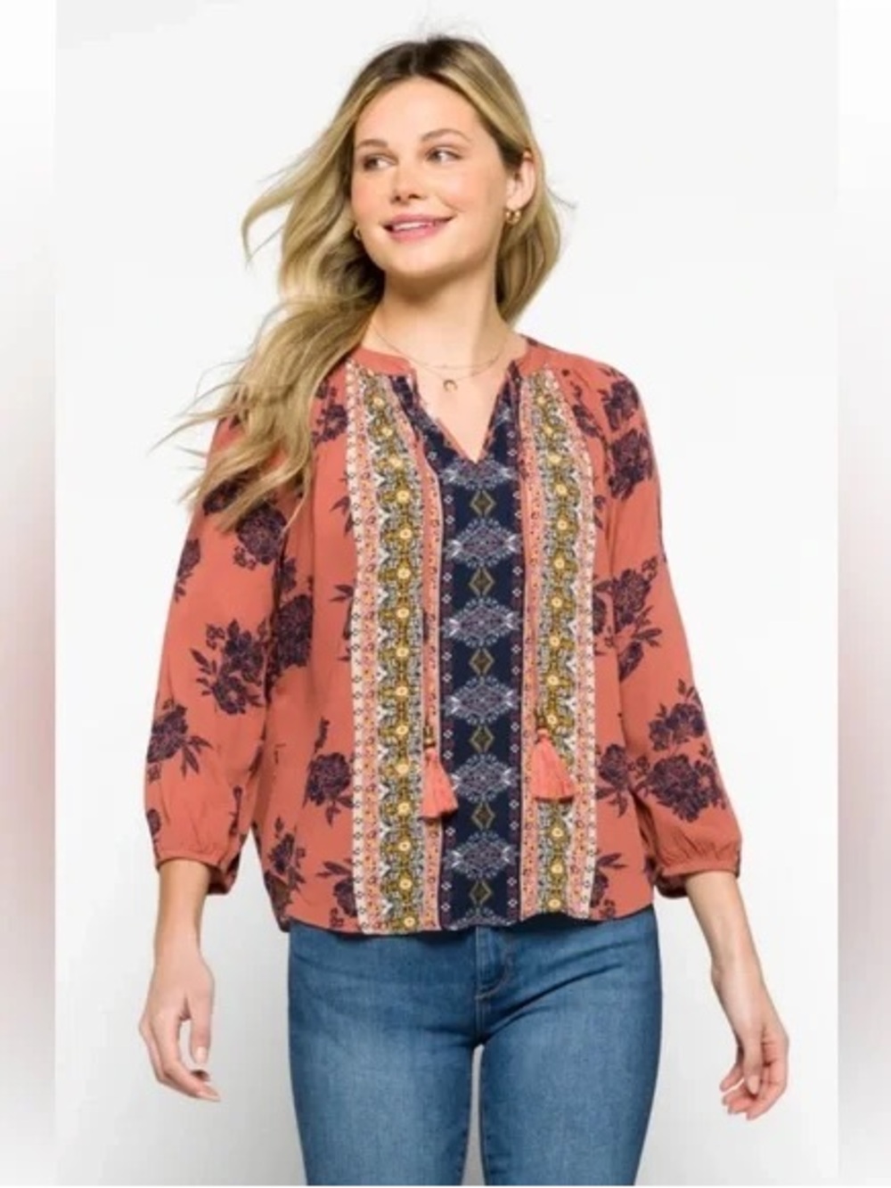 Rust Floral Split-Neck Boho Blouse with Tassel Trim